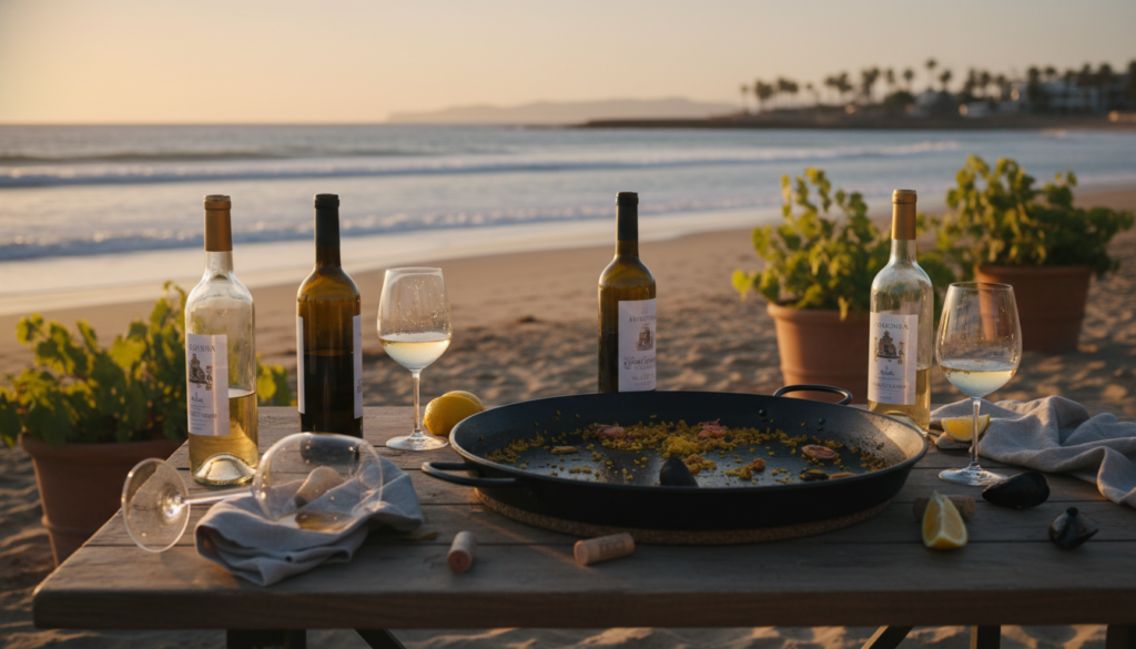 Paella Valenciana con copas de vino y de fondo una playa