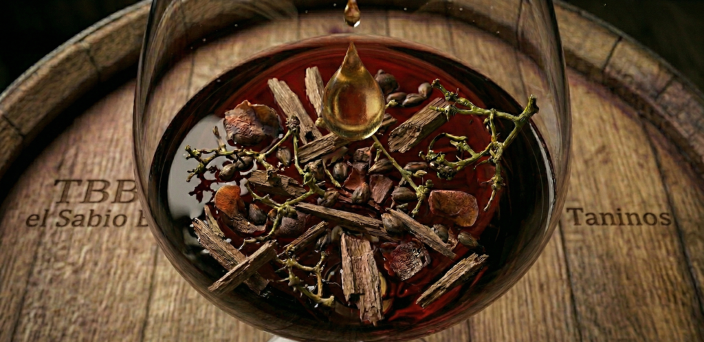 Copa vino con trozos representando taninos, tbb el sabio borracho